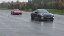 Exterior: Ferrari 458 Italia vs Nissan GT-R decat Y-pipe from standstill in the rain